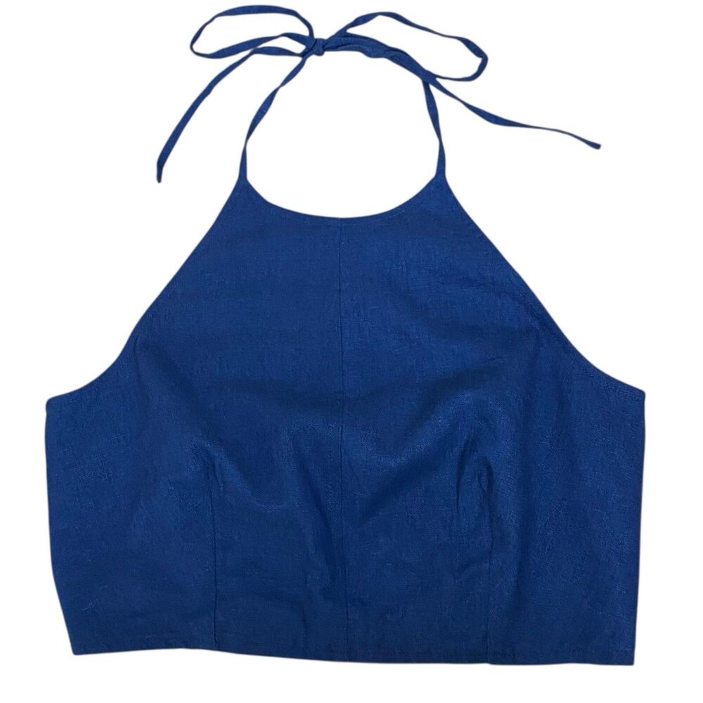 House of Harlow 1960 Halter Top Womens 8 Navy Blue Linen Blend Crop Smocked NEW